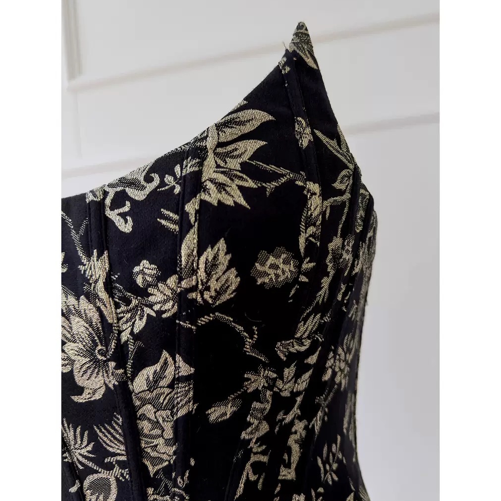 Outer-wear Boned Corset Crop Top: Gold-Embossed Black Jacquard, Strappy Waist-Cinching, Shaping, Sexy Vibe, for Women