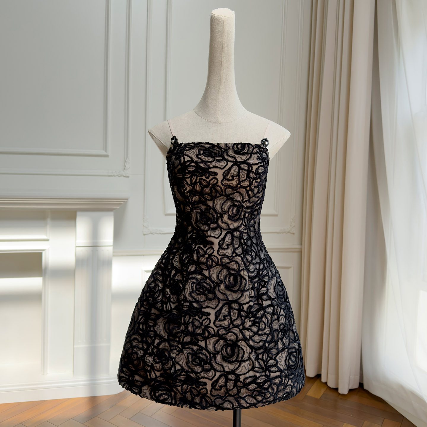 Black Flocked Rose Jacquard Strapless Dress69611