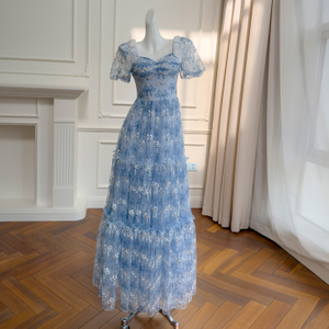 Dusty Blue Lace Embroidered Tulle Dress69660