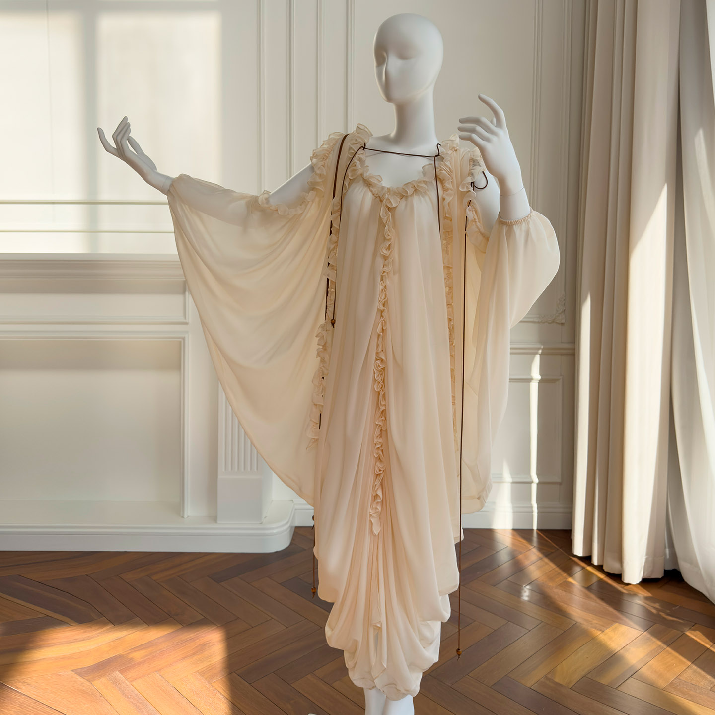 2026 Spring and Summer New Arrival, Vintage Romantic Raglan Sleeve Loose Tulle Dress, V-Neck Pullover Long Dress69178