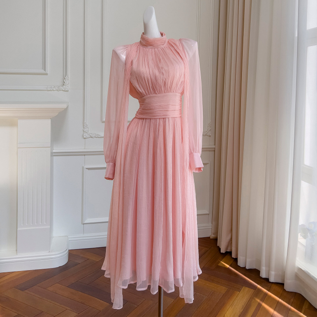 Summer New French Romantic Gentle Style Design Sense Niche Waist-Tight Slimming Yellow Long-Sleeve Dress68134