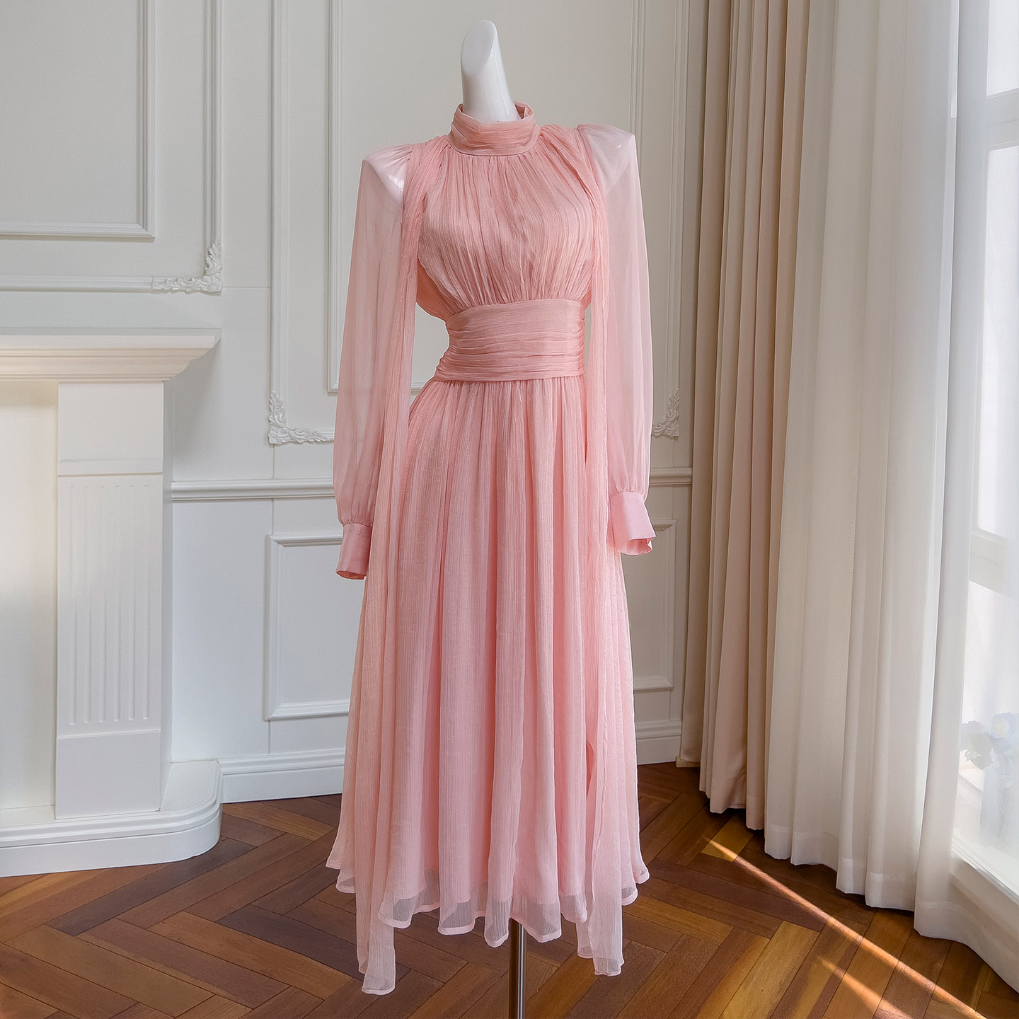 Summer New French Romantic Gentle Style Design Sense Niche Waist-Tight Slimming Yellow Long-Sleeve Dress68134