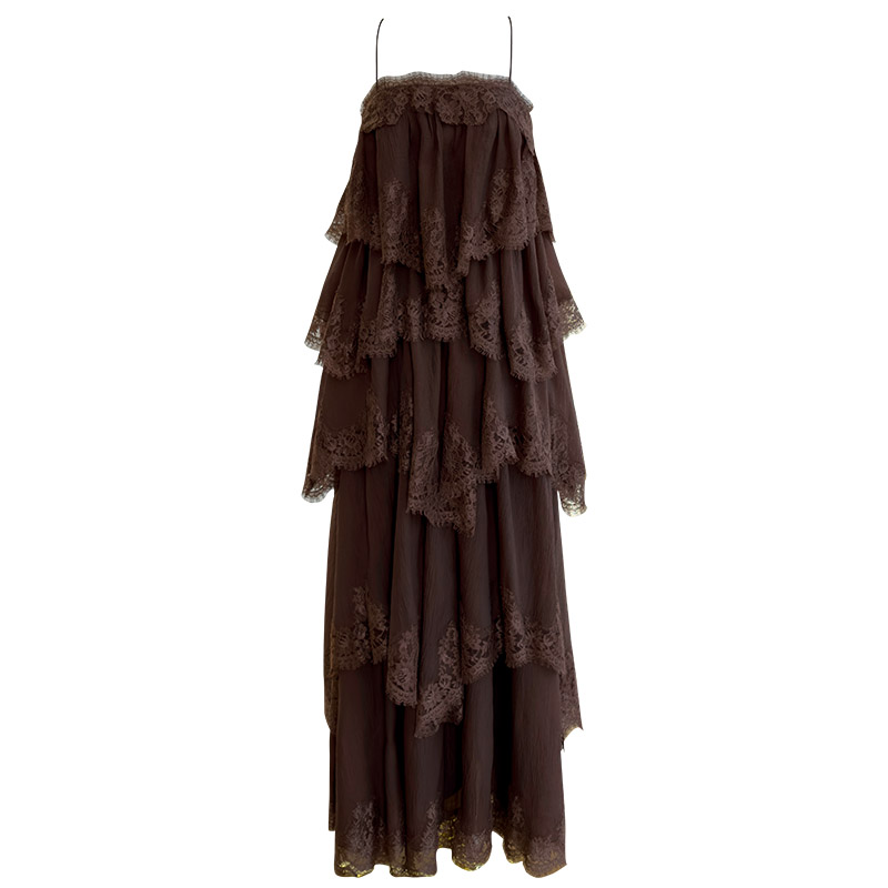 Vintage-Inspired Brown Tiered Lace Ruffle Spaghetti Strap Maxi Dress69680