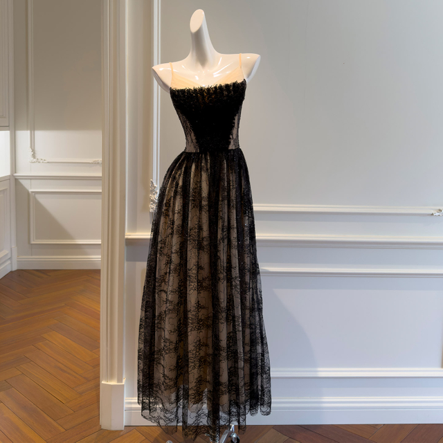 French Elegant Celebrity Style Niche Design Lace Fish Bone Spaghetti Strap Tube Long Dress, Sequin Evening Dress69594