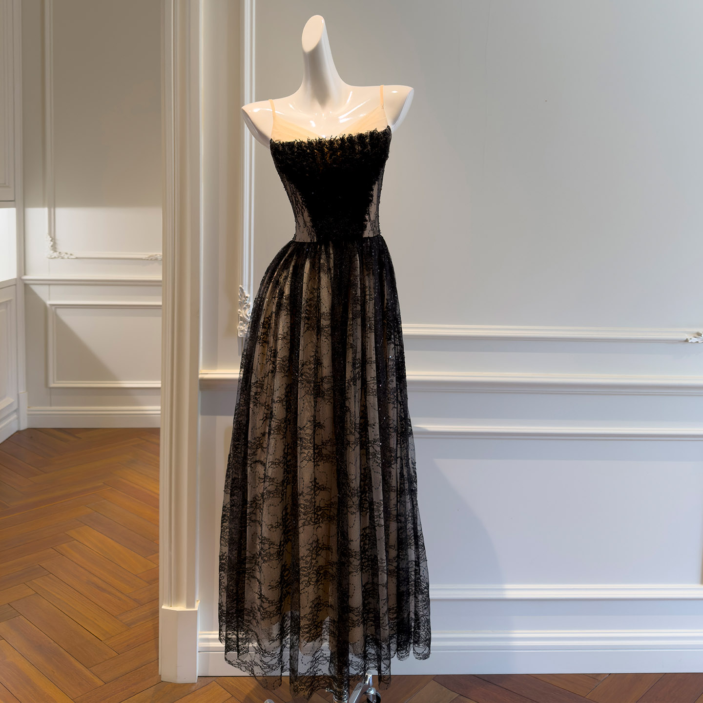 French Elegant Celebrity Style Niche Design Lace Fish Bone Spaghetti Strap Tube Long Dress, Sequin Evening Dress69594