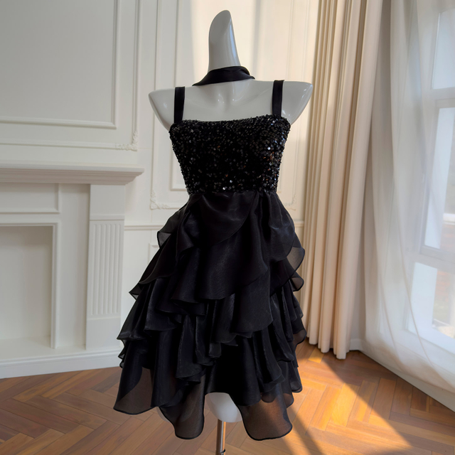 French Elegant Celebrity Style Black Sexy Spaghetti Strap Tube Evening Dress, Sequin Velvet Mesh Patchwork Dress69538