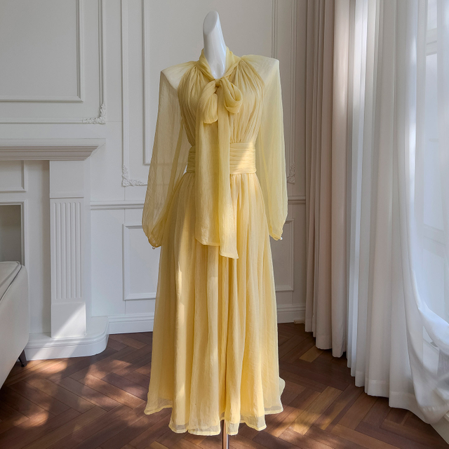 Summer New French Romantic Gentle Style Design Sense Niche Waist-Tight Slimming Yellow Long-Sleeve Dress68134