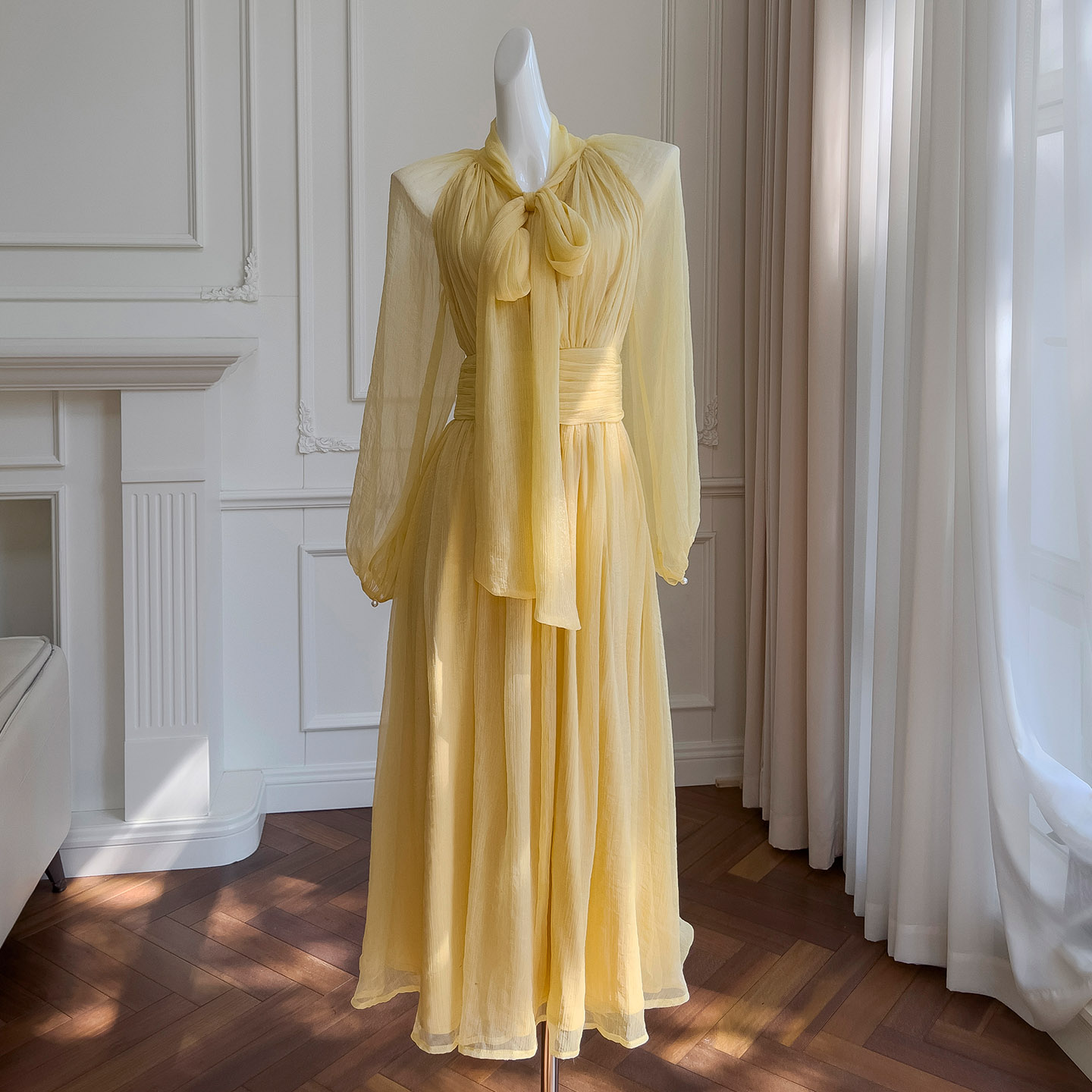 Summer New French Romantic Gentle Style Design Sense Niche Waist-Tight Slimming Yellow Long-Sleeve Dress68134