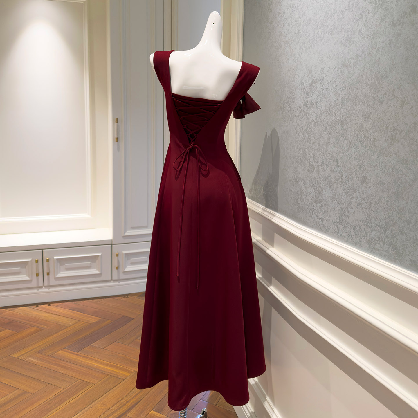 Burgundy Square Neck Spaghetti Strap Evening Dress, French Princess Long Dress for Party, Annual Meeting & Host69609