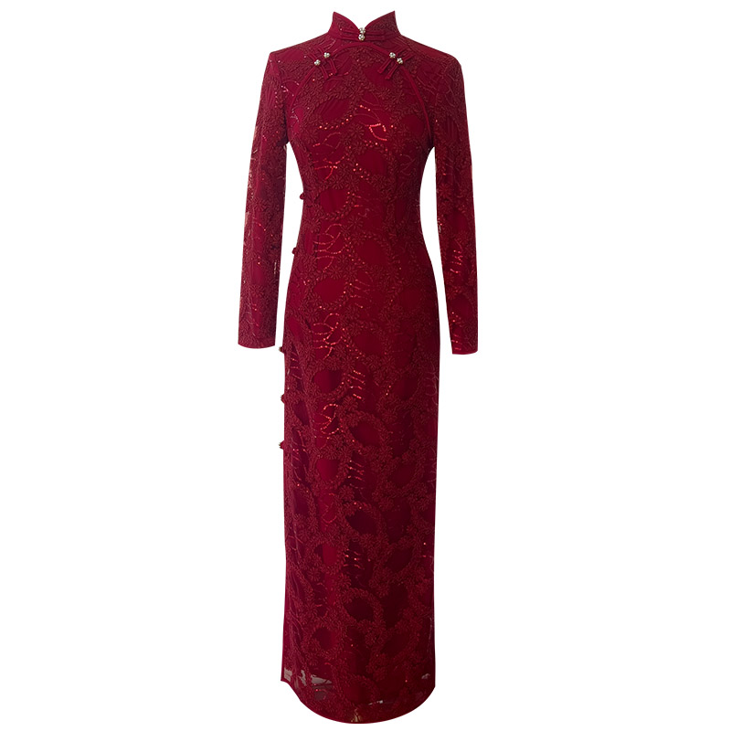 Burgundy Lace Sequin Qipao Dress 67003