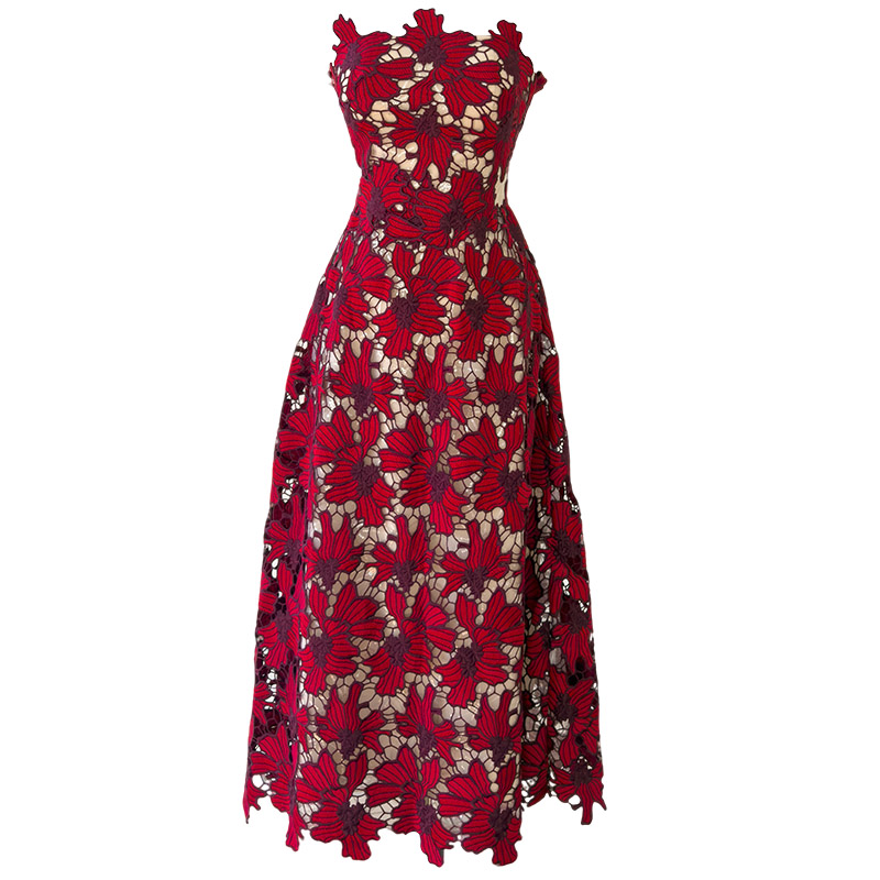 Burgundy 3D Floral Lace Strapless Midi Dress69627
