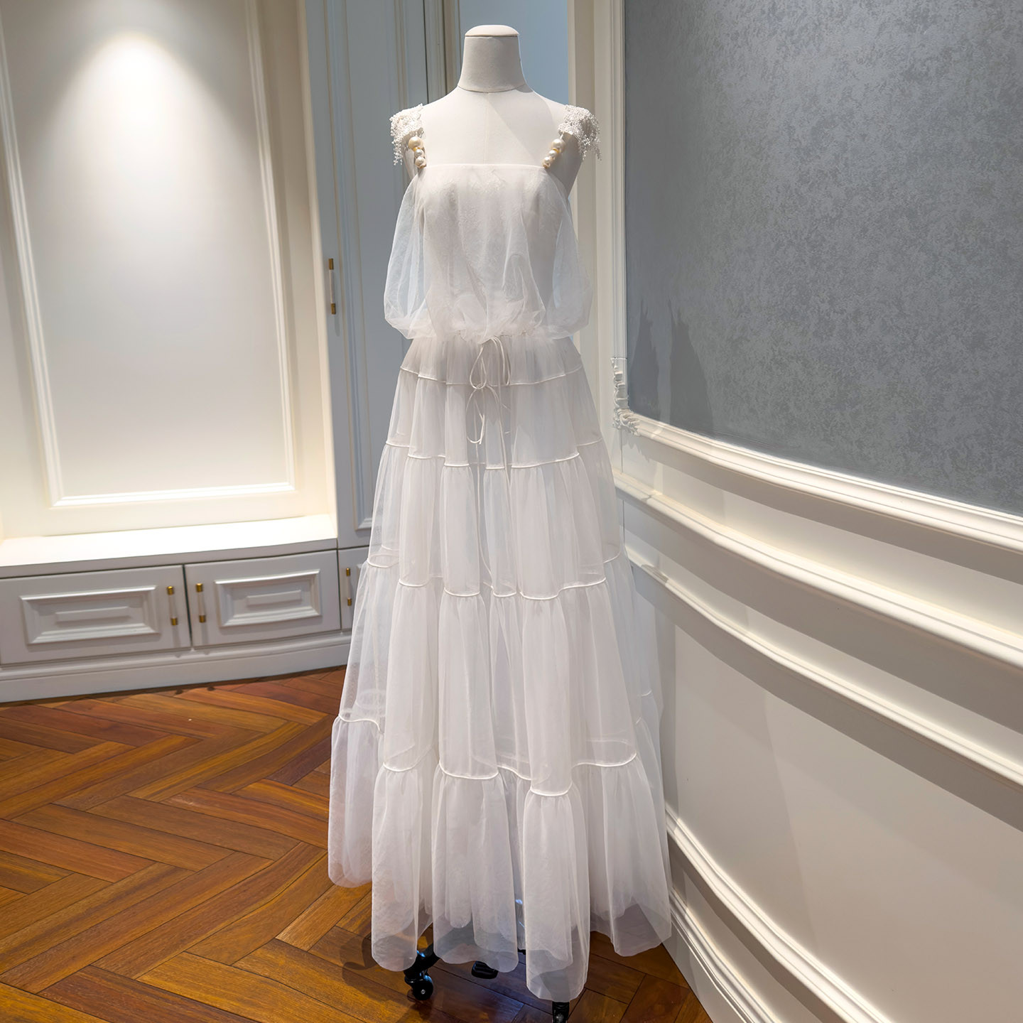 White Tulle Pearl Strap Tiered Cake Maxi Dress69588