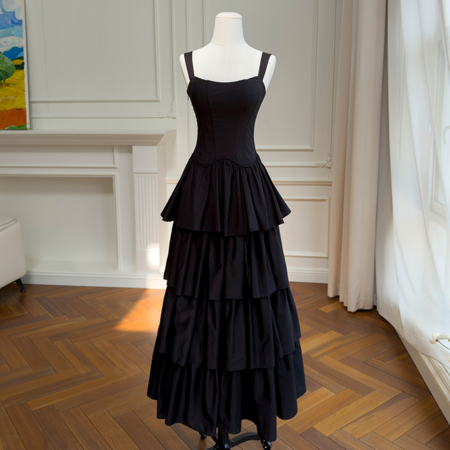 Black Corset Waist Vintage Tiered Maxi Dress69657