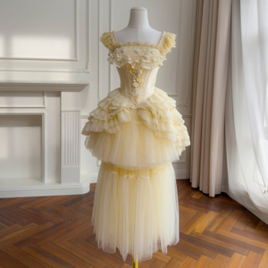 Butter Yellow Court Style Lace Corset 3-Piece Set71508+51424短51425长+Y484