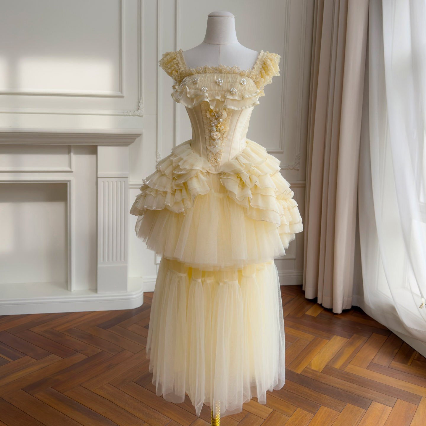 Butter Yellow Court Style Lace Corset 3-Piece Set71508+51424短51425长+Y484