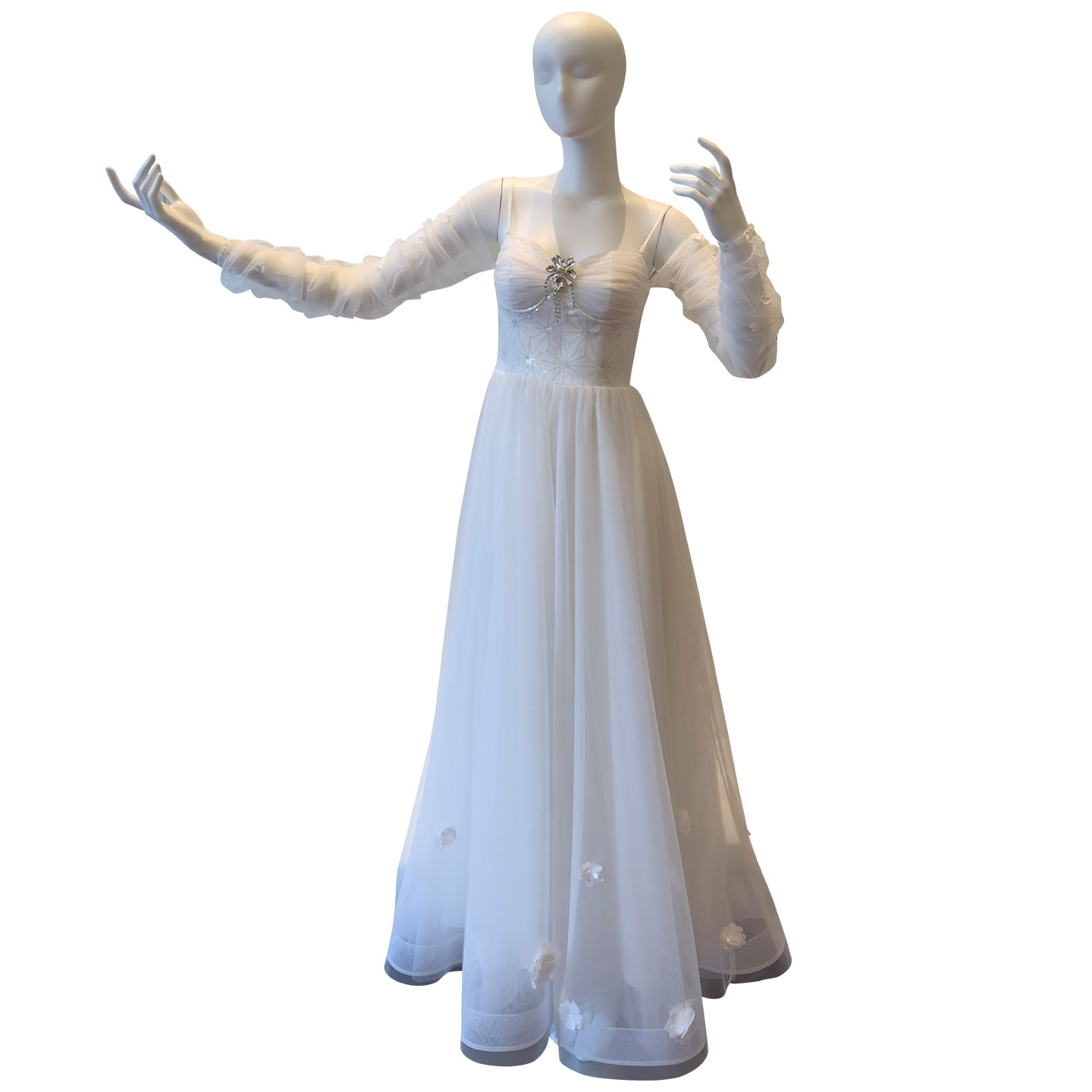 White Square Neck Long Sleeve Tulle Dress69591