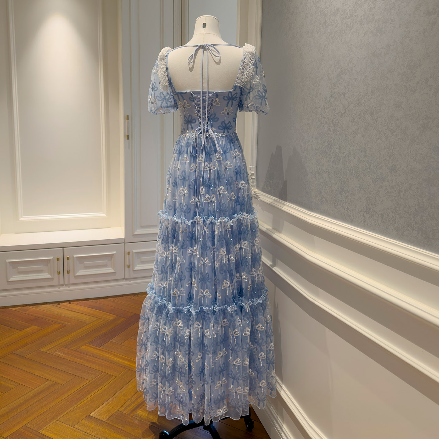 Dusty Blue Lace Embroidered Tulle Dress69660