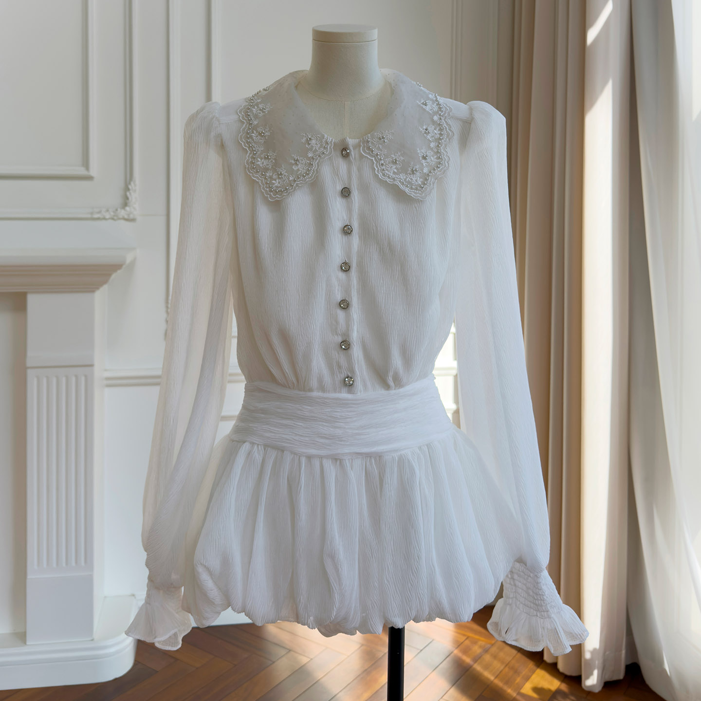 French Luxury Style White Long-Sleeve Romper Dress69628