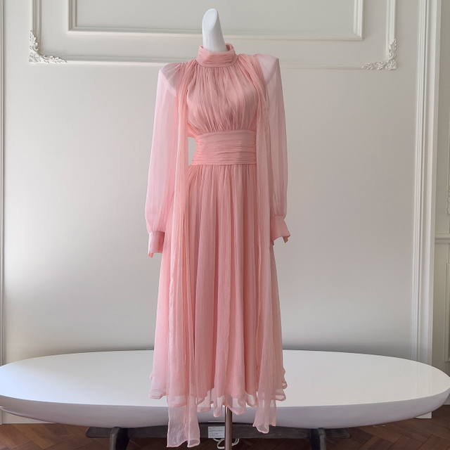 Summer New French Romantic Gentle Style Design Sense Niche Waist-Tight Slimming Yellow Long-Sleeve Dress68134