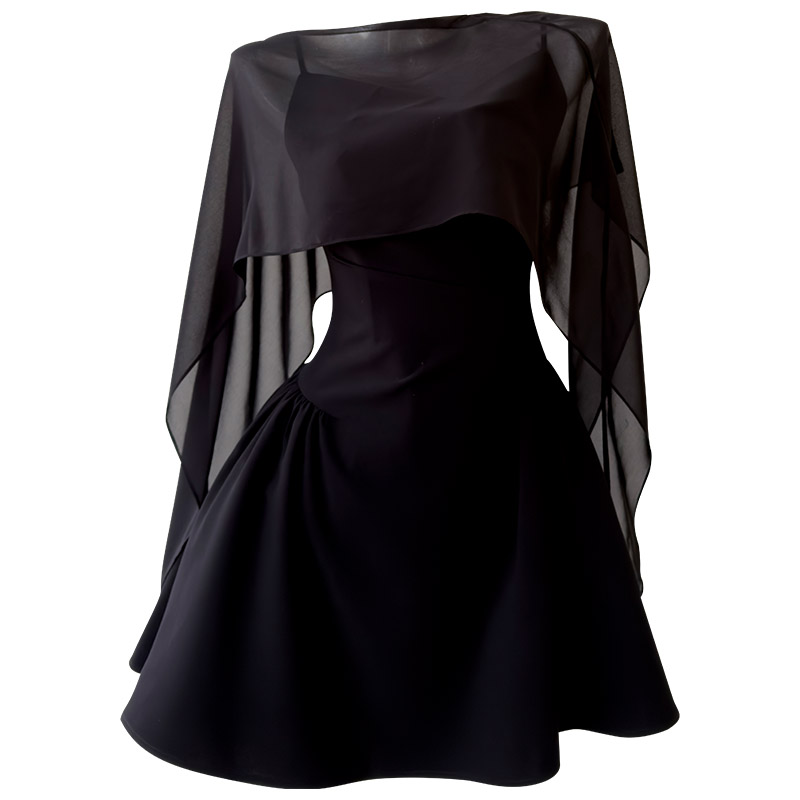 French Elegant Minimalist Pleated Waist Spaghetti Strap Dress with Draped Shawl Cape 2-Piece Set69661+69619