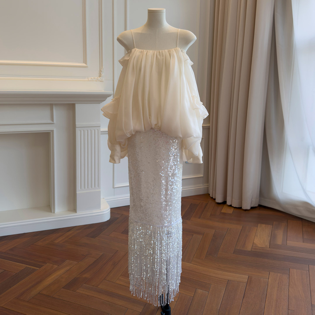 French Cream White Strapless Camisole Long Top with White Long Skirt 71525+51423 