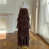 Vintage-Inspired Brown Tiered Lace Ruffle Spaghetti Strap Maxi Dress69680