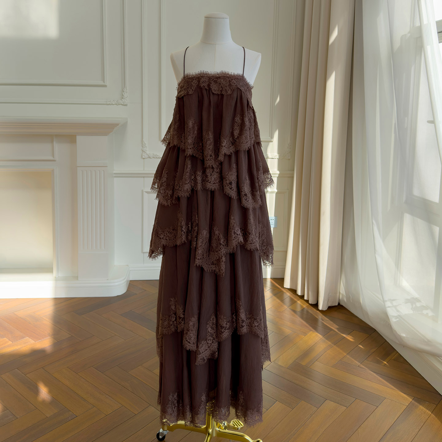 Vintage-Inspired Brown Tiered Lace Ruffle Spaghetti Strap Maxi Dress69680