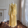 Summer New French Romantic Gentle Style Design Sense Niche Waist-Tight Slimming Yellow Long-Sleeve Dress68134