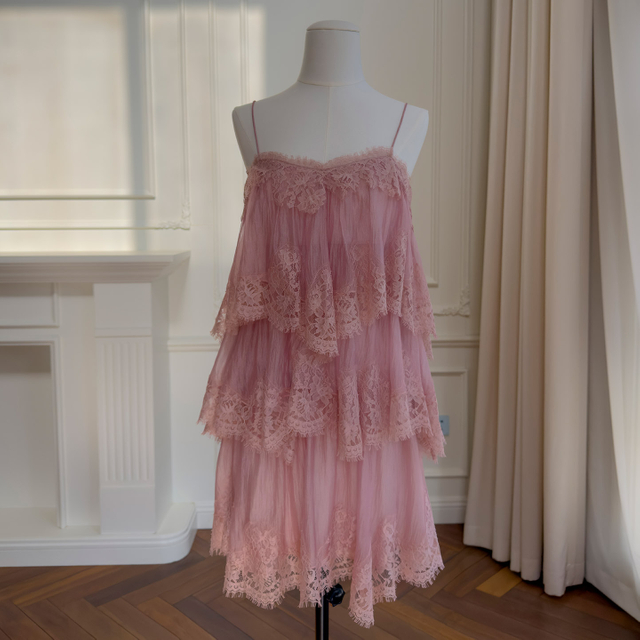 French Pure Desire Style Cake Tier Spaghetti Strap Dress, Multi-Layer Irregular Lace Patchwork, Sexy Backless Vacation Mini Dress69681