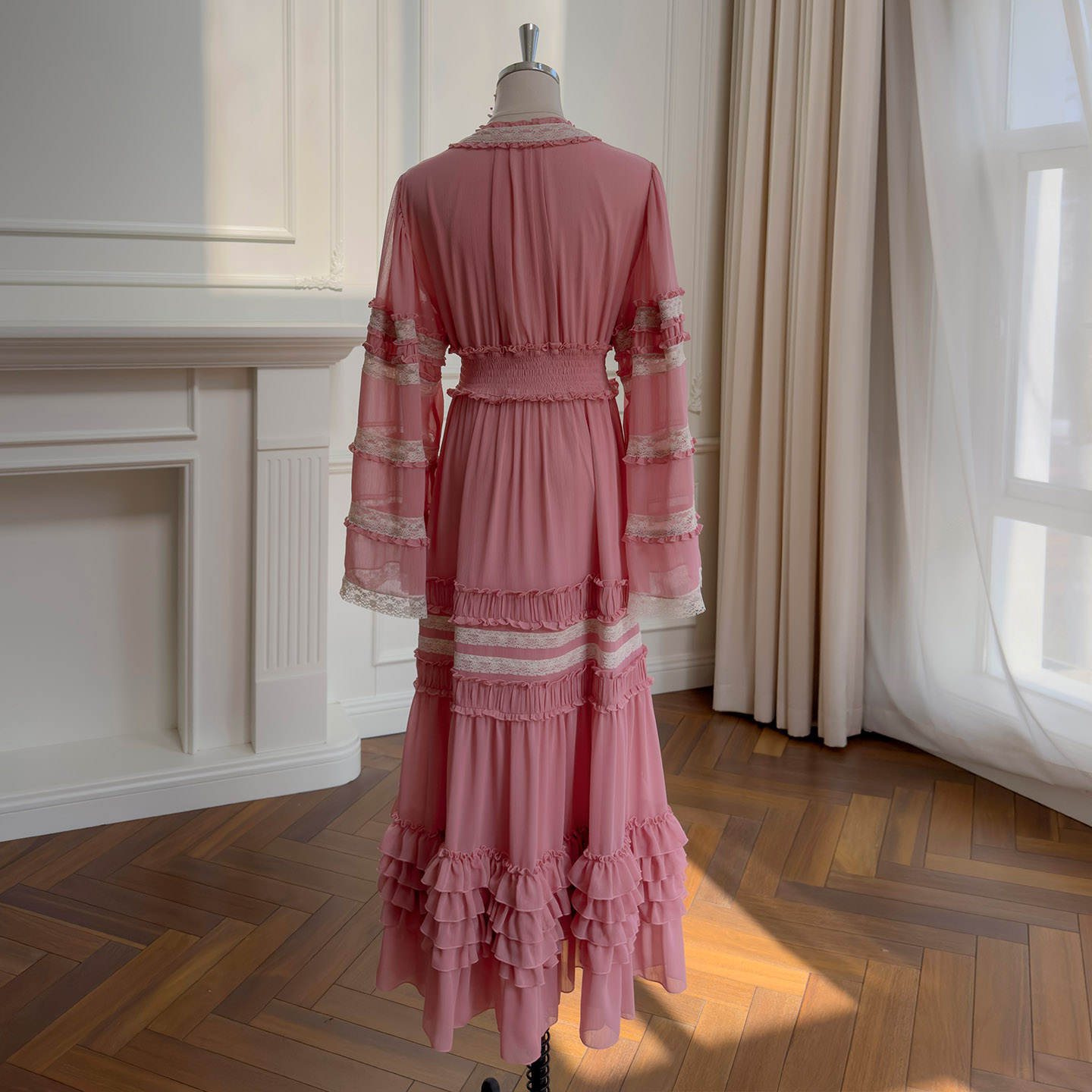 Yigelila 2026 Early Spring New Arrival, Cherry Blossom Rose Pink Long Sleeve Waist-Fitted Elegant Daily Long Dress69630
