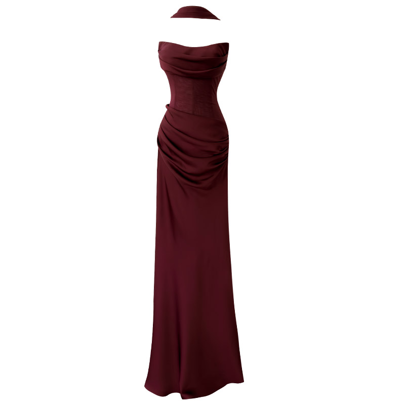 Yigelila Early Spring New Arrival, Wine Red Halter Neck Spaghetti Strap Long Slim Fit Evening Dress69534