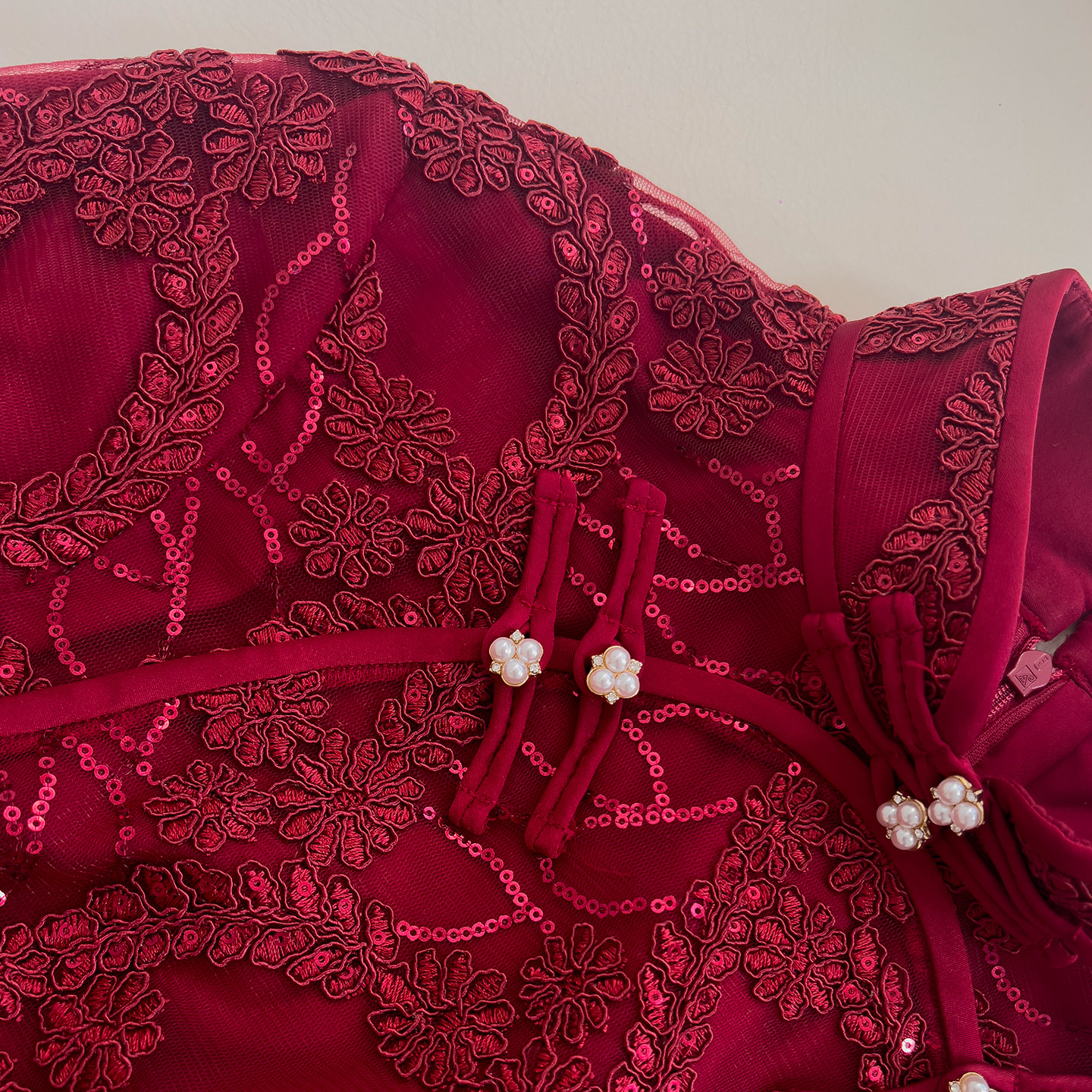 Burgundy Lace Sequin Qipao Dress 67003