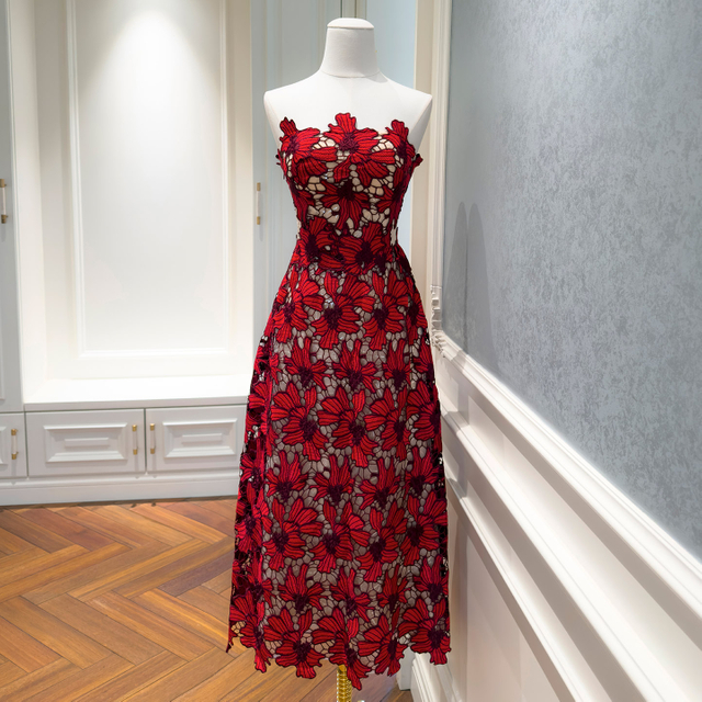 Burgundy 3D Floral Lace Strapless Midi Dress69627