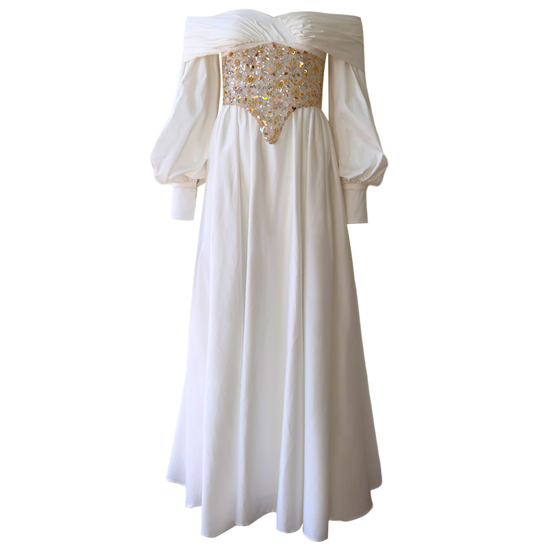 Elegant White Off-the-Shoulder Puff Sleeve Gown69613