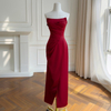 Vintage Burgundy Strapless Ruched Midi Gown69676