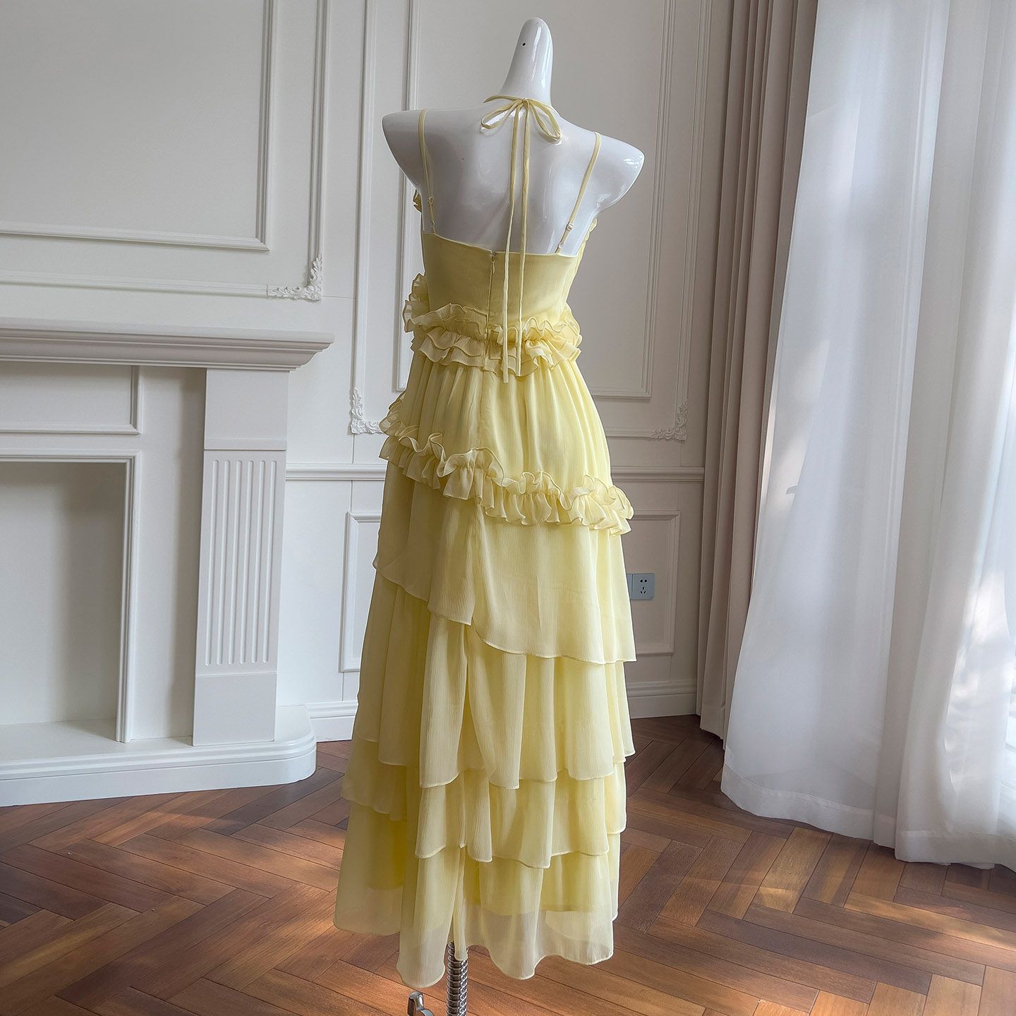 Butter Yellow Asymmetrical Ruffle Halter Maxi Dress69172