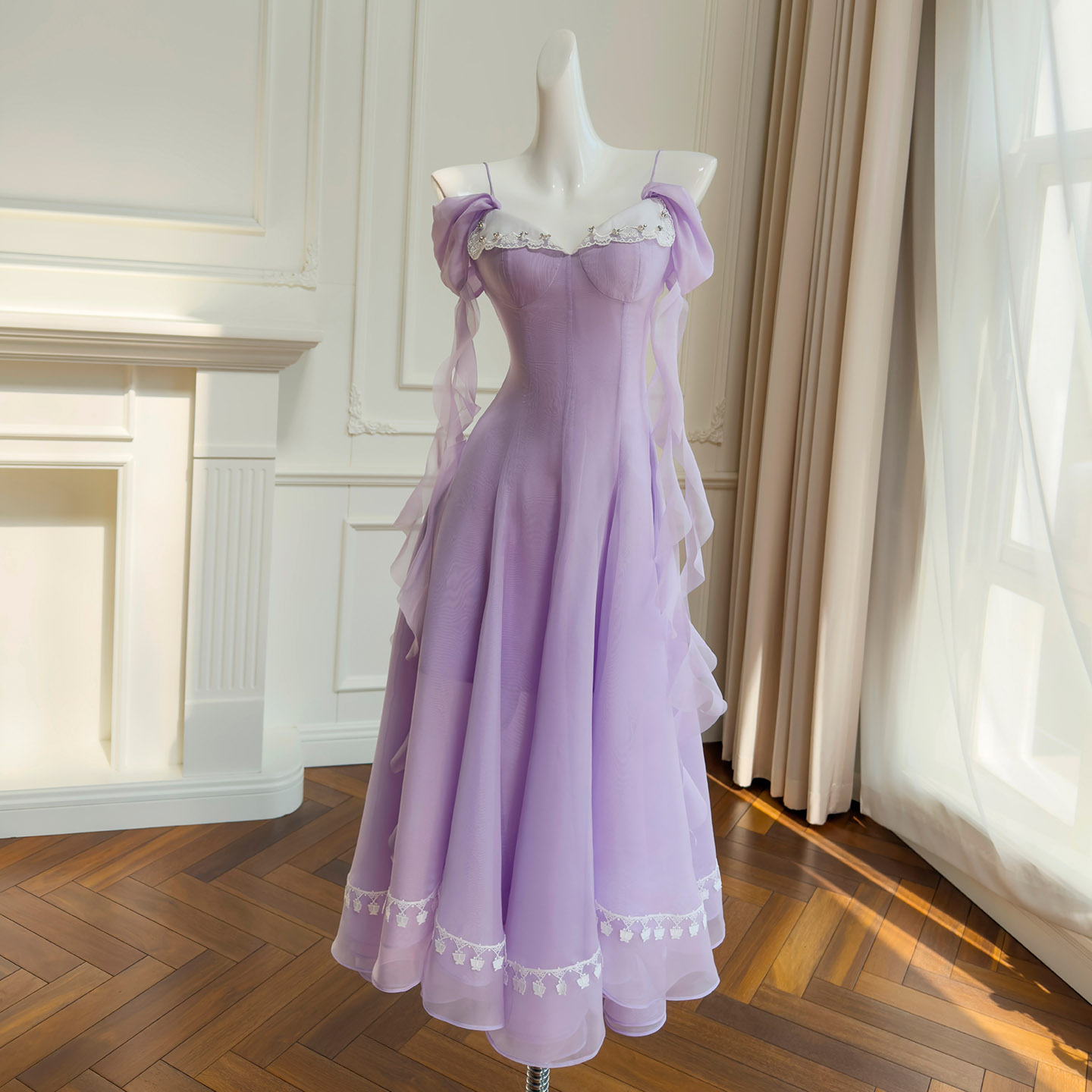 Soft Lavender Off-Shoulder Ruffle Lace Strap Maxi Dress69663