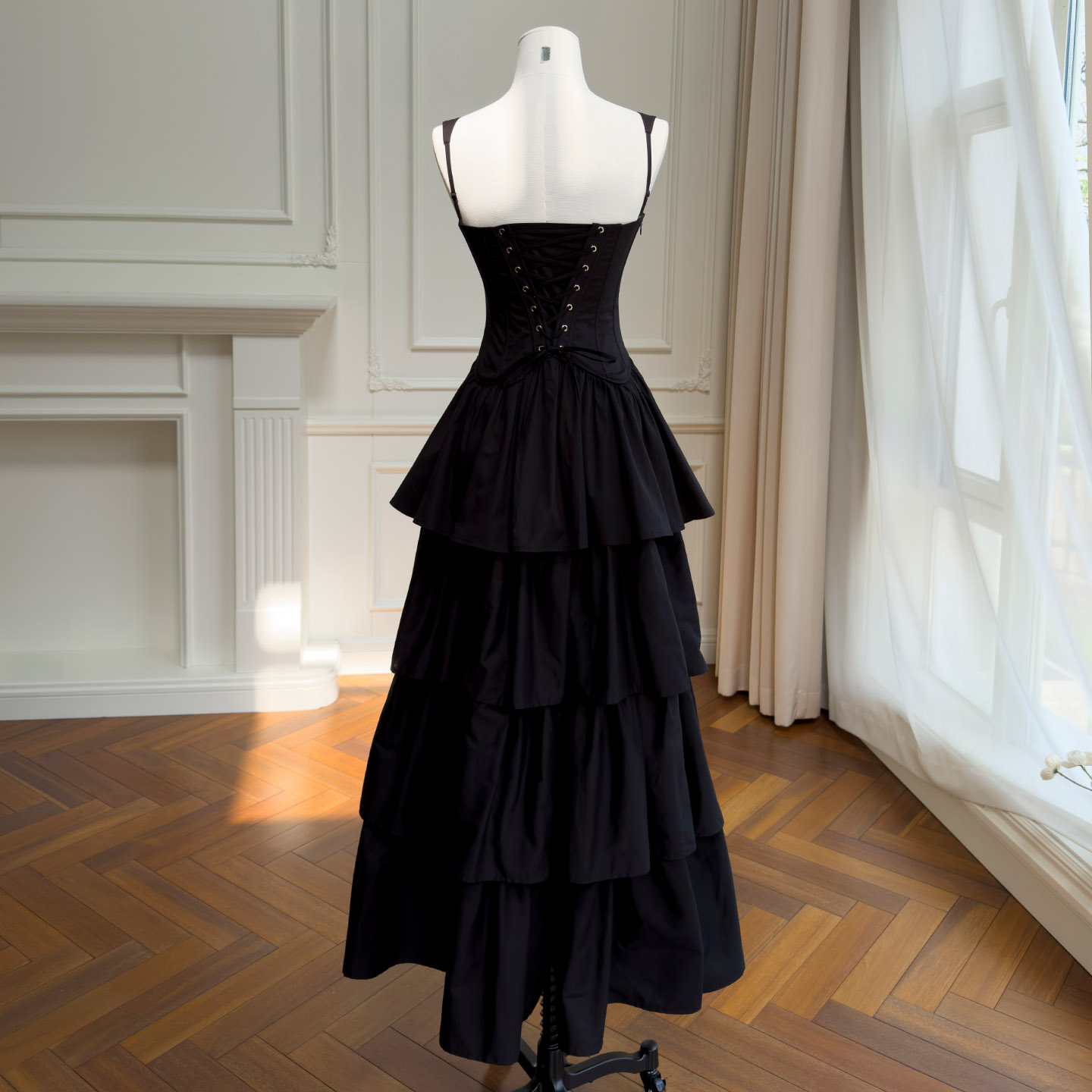 Black Corset Waist Vintage Tiered Maxi Dress69657