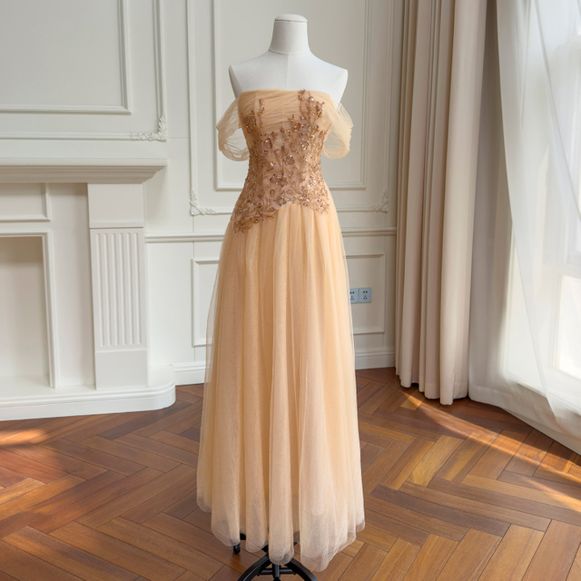 Champagne Off-the-Shoulder Embroidered Tulle Gown69642