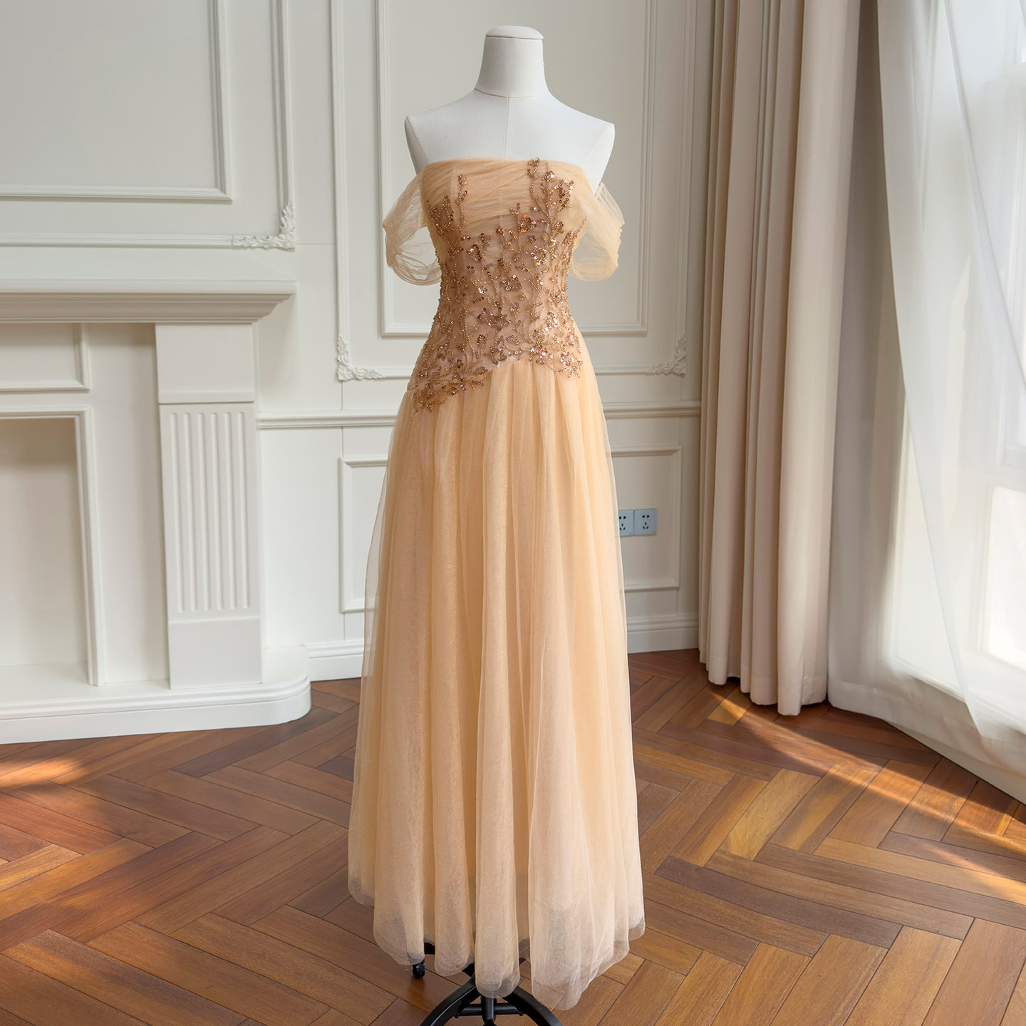 Champagne Off-the-Shoulder Embroidered Tulle Gown69642