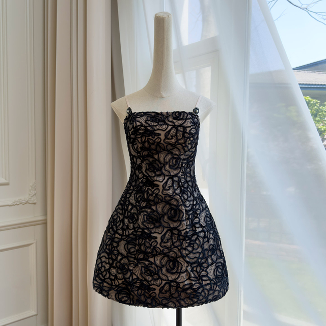 Black Flocked Rose Jacquard Strapless Dress69611