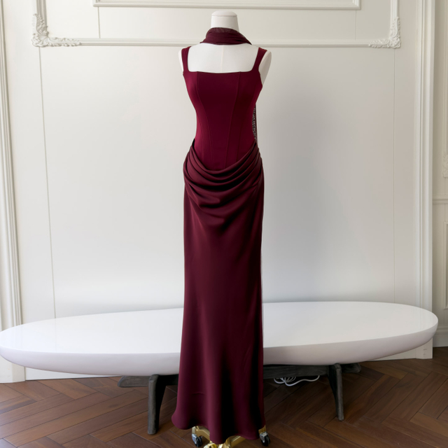 French Style Elegant Sexy Dress, Minimalist Fashion Slim Fit Hip-Wrapped Evening Gown, Light Luxury Long Dress for Women69564