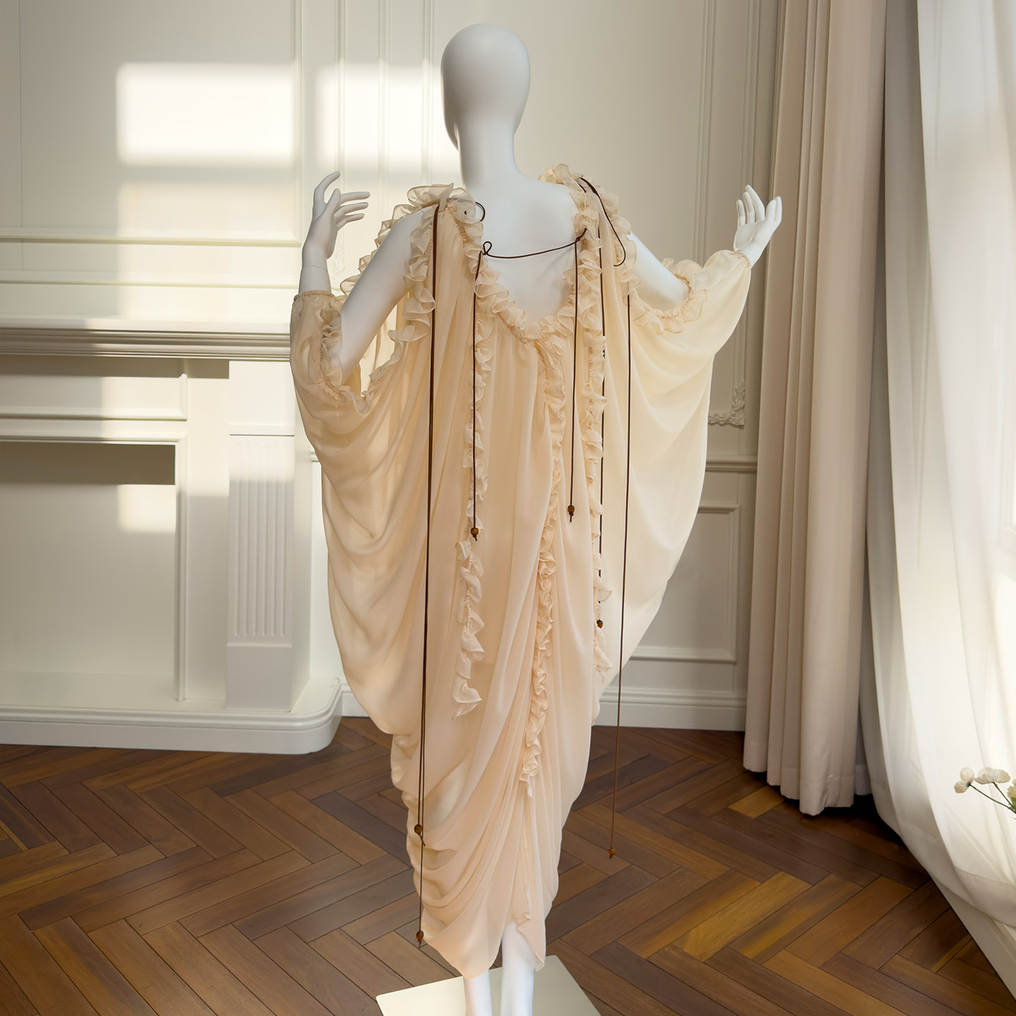 2026 Spring and Summer New Arrival, Vintage Romantic Raglan Sleeve Loose Tulle Dress, V-Neck Pullover Long Dress69178