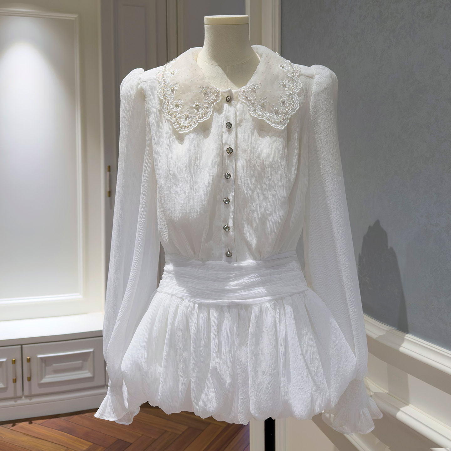 French Luxury Style White Long-Sleeve Romper Dress69628