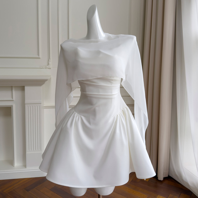 French Elegant Minimalist Pleated Waist Spaghetti Strap Dress with Draped Shawl Cape 2-Piece Set69661+69619