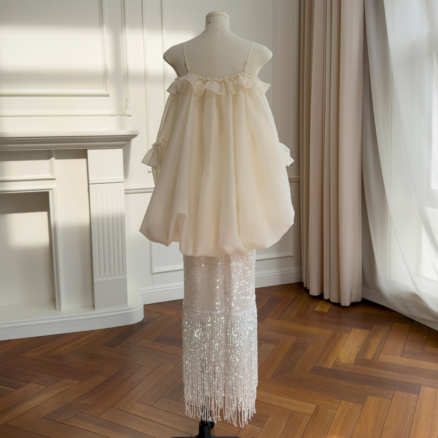 French Cream White Strapless Camisole Long Top with White Long Skirt 71525+51423 