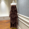 Vintage-Inspired Brown Tiered Lace Ruffle Spaghetti Strap Maxi Dress69680