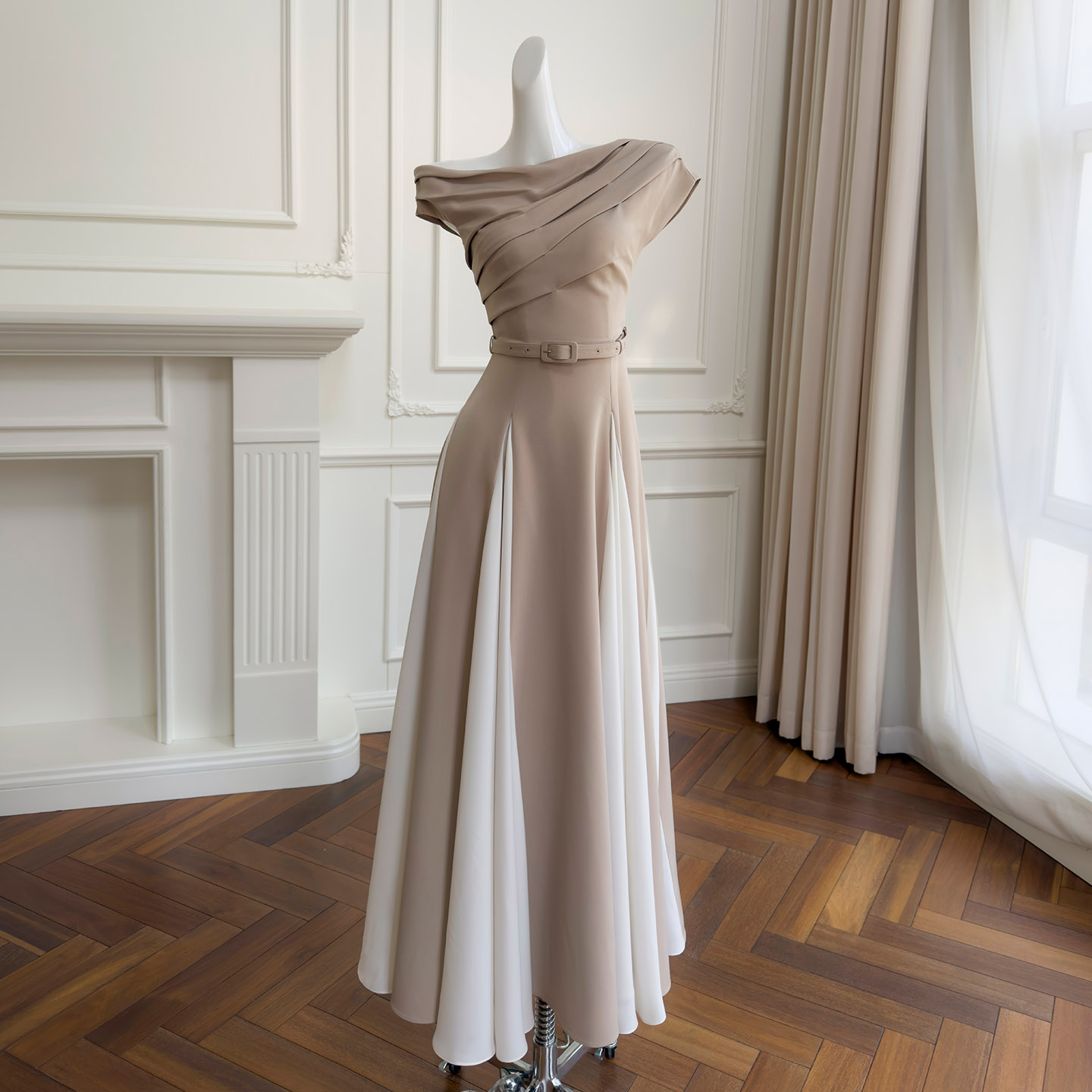 Yigelila 2026 Spring New Arrival, Tea White Patchwork Elegant Long Waist-Fitted Slim Evening Dress69599