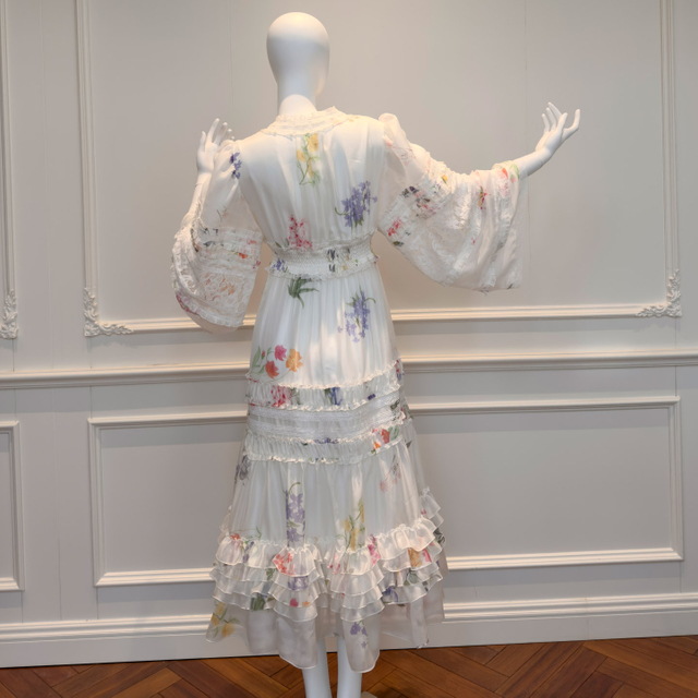 French Vacation Style V-Neck Printed Patchwork Ruffle Pleated A-Line Fairy Maxi Dress68678