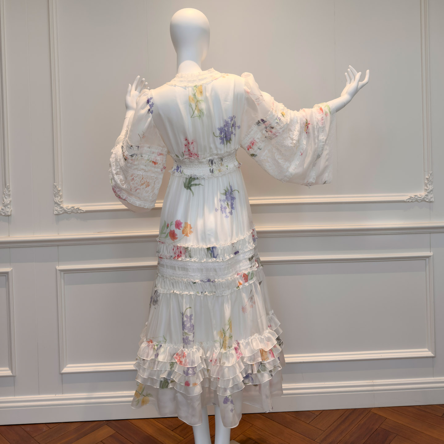 French Vacation Style V-Neck Printed Patchwork Ruffle Pleated A-Line Fairy Maxi Dress68678